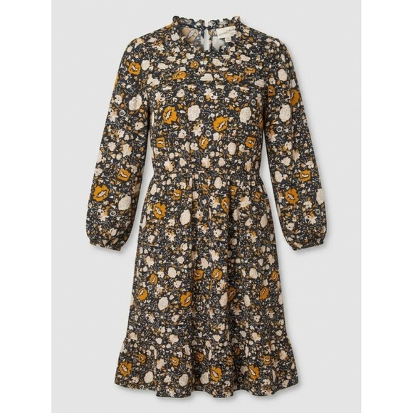 Universal Thread Dresses & Skirts - Universal Thread Navy Floral Ruffle Neck Midi Dress with Mustard Accents Med